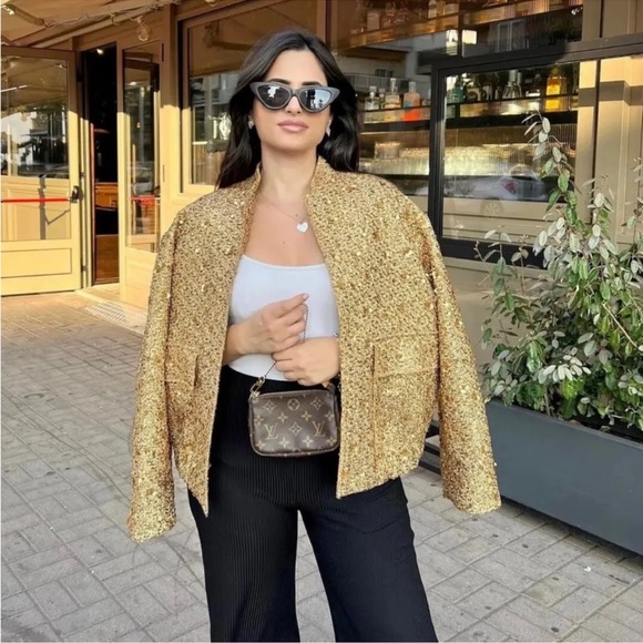 ZARA NEW COLLECTION GOLD SEQUIN JACKET BOMBER - Picture 5 of 16